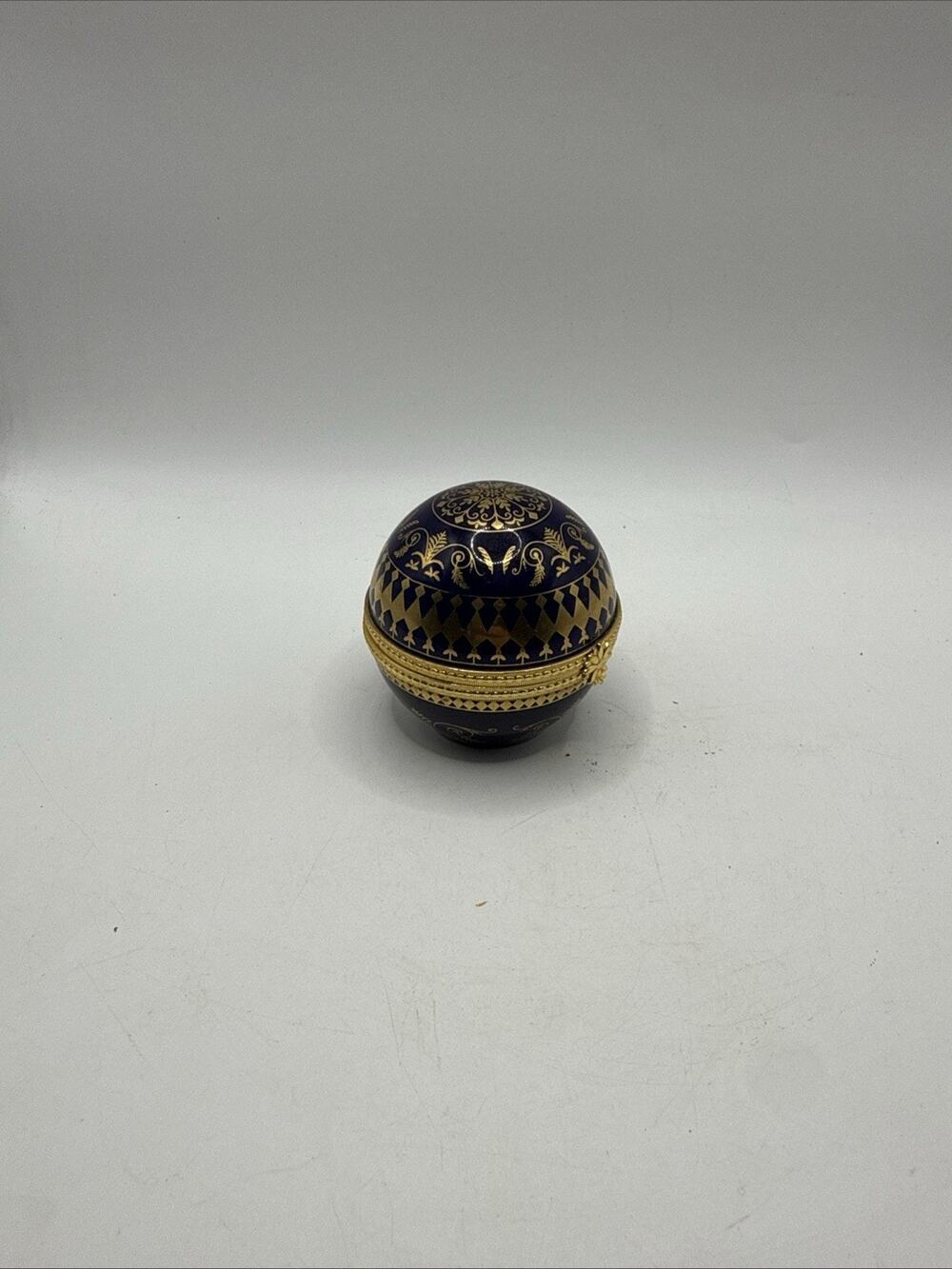 Vintage Estee Lauder Cobalt Blue Ball Trinket Box Gold Accents *